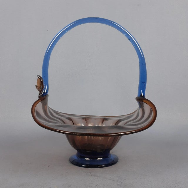 Amber Murano Glass Basket Centerpiece with Blue Handle For Sale - Image 4 of 13