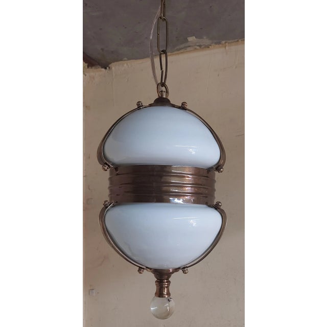 Art Deco Vintage 1940s Art Deco Brass Hanging Light with Milk Glass Shade For Sale - Image 3 of 5