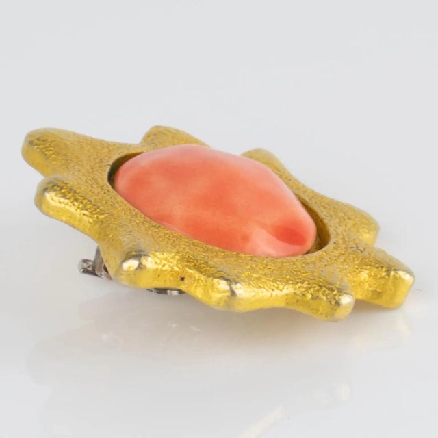 Metal Chantal Thomass Paris Gilded Clip Earrings with Pink Salmon Ceramic Cabochons For Sale - Image 7 of 8
