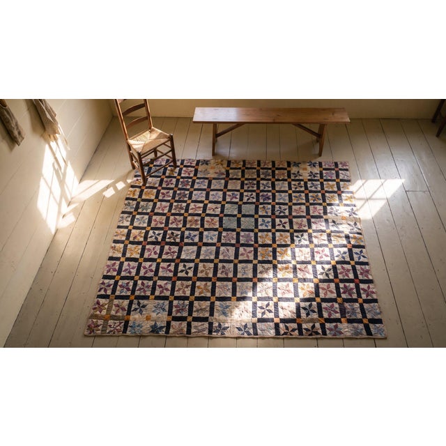1930s Multicolor Geometric 4Star Antique American Quilt 5'3" X 6'5'' Handknotted Cotton Carpet Rug For Sale - Image 14 of 16