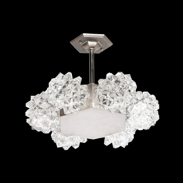 This unique and charming Mid-Century Modernist Hexagonal Pendant Chandelier with Fractal Glass shades is made by Kaiser...