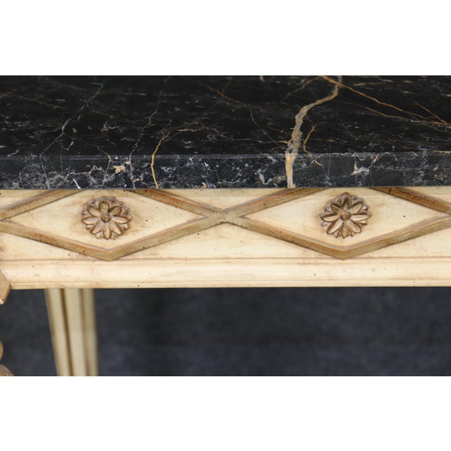 Louis XVI Style Distressed Painted and Gilt Marble Top Console Table For Sale - Image 9 of 13
