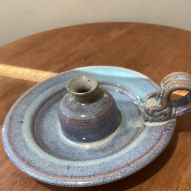 Vintage Studio Pottery Handcrafted Stoneware Glazed Candle Holder W/Attached Drip Plate Signed For Sale In Chicago - Image 6 of 12