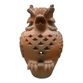Vintage Italian-Style Terracotta Owl Garden Statue & Lantern For Sale