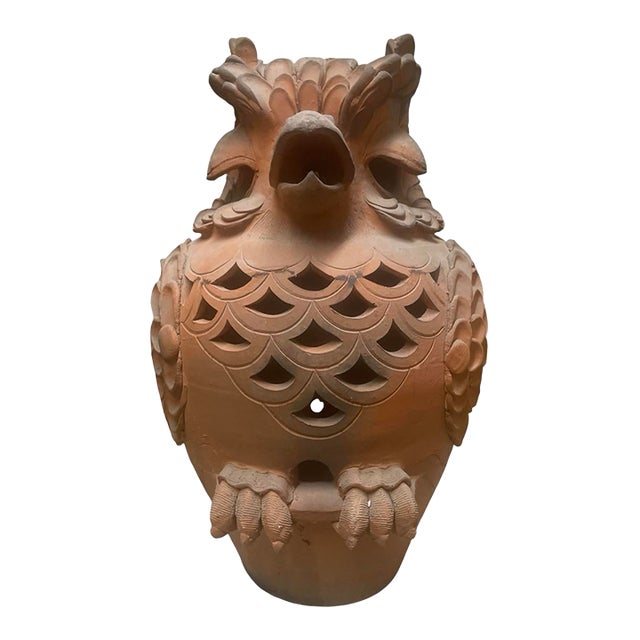 Vintage Italian-Style Terracotta Owl Garden Statue & Lantern For Sale