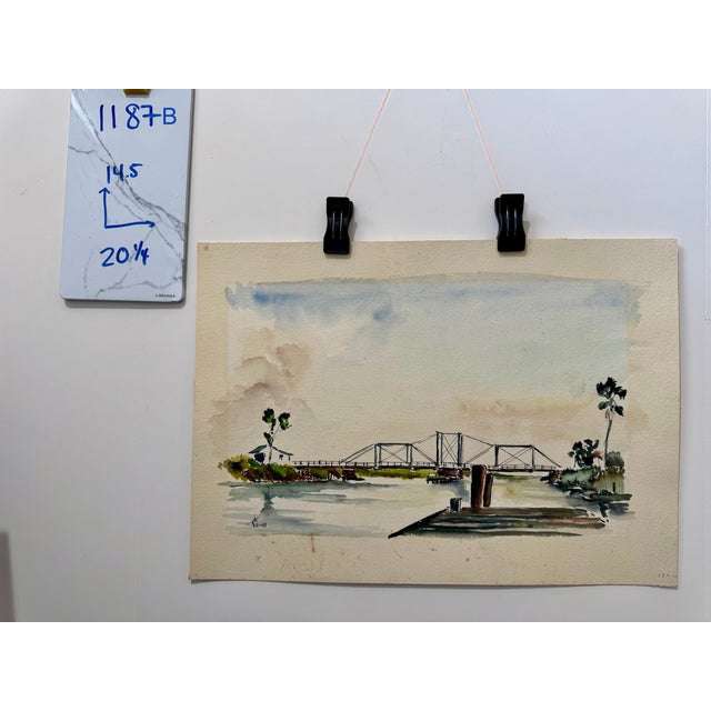 Paper Henry Emil Salloch Original Watercolor on Paper Coastal Riverfront Scene, 1948. For Sale - Image 7 of 7