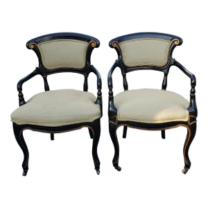 19th C. Rococo Gustavian Ebonized and Partial Gilt Upholstered ArmChairs, Pair