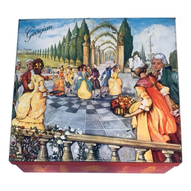VTG Minuet Ball Tin Box Elkes Georgian British Biscuit Tin Litho Art Dancing For Sale