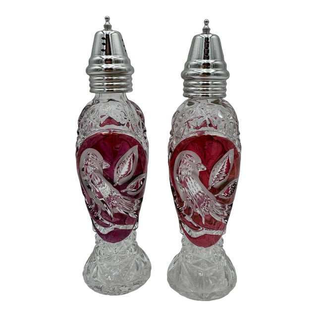 1960s Byrdes Collection Shaker Set Metal Lids by Hofbauer 24% Lead Crystal For Sale