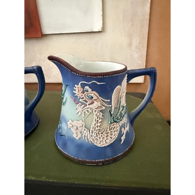 Vintage Hand Painted Dragonware Sugar Bowl and Creamer Set Japan Blue Dragon Tea Set Asian Motif Mid Century For Sale - Image 4 of 12