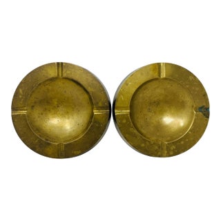 Pair of Vintage 1950s Italian Solid Brass Ashtrays, Heavy Cast 12oz Mid Century Modern Catchall Dishes, Original Patina Hollywood Regency For Sale