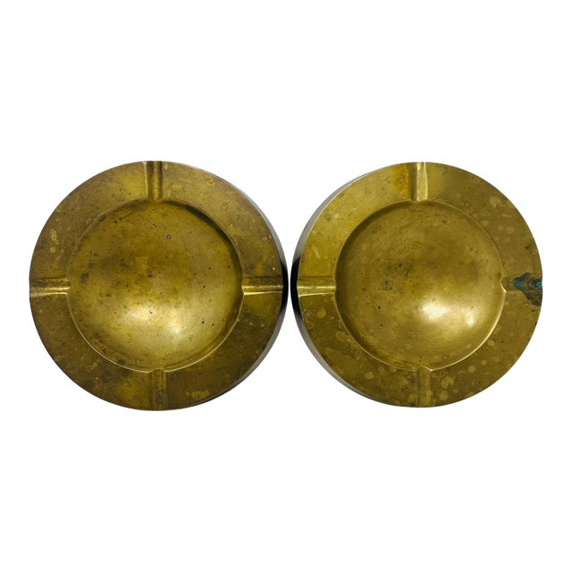 Pair of Vintage 1950s Italian Solid Brass Ashtrays, Heavy Cast 12oz Mid Century Modern Catchall Dishes, Original Patina Hollywood Regency For Sale