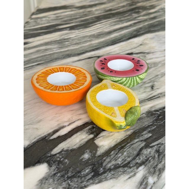 Yellow Vintage Cermamic Fruit Motif Tealight Candle Holders - Set of Three For Sale - Image 8 of 16