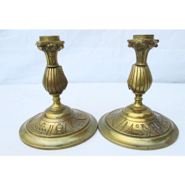Traditional Egyptian Revival Bronze Candlesticks - a Pair For Sale - Image 3 of 8