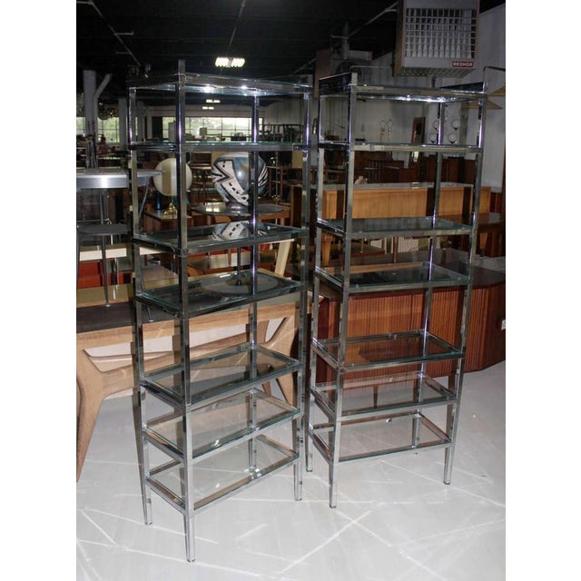 Pair of Italian Mid Century Modern Tall & Narrow Chrome & Glass Etageres MINT! For Sale - Image 6 of 7
