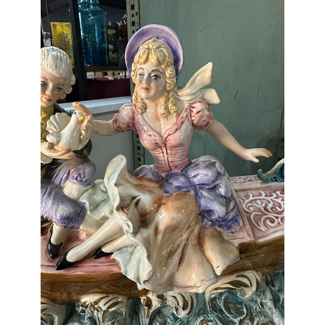Metal Antique Capodimonte "A Couple on the Gondola" Porcelain Sculpture With Brass Remo (Oar) For Sale - Image 7 of 10