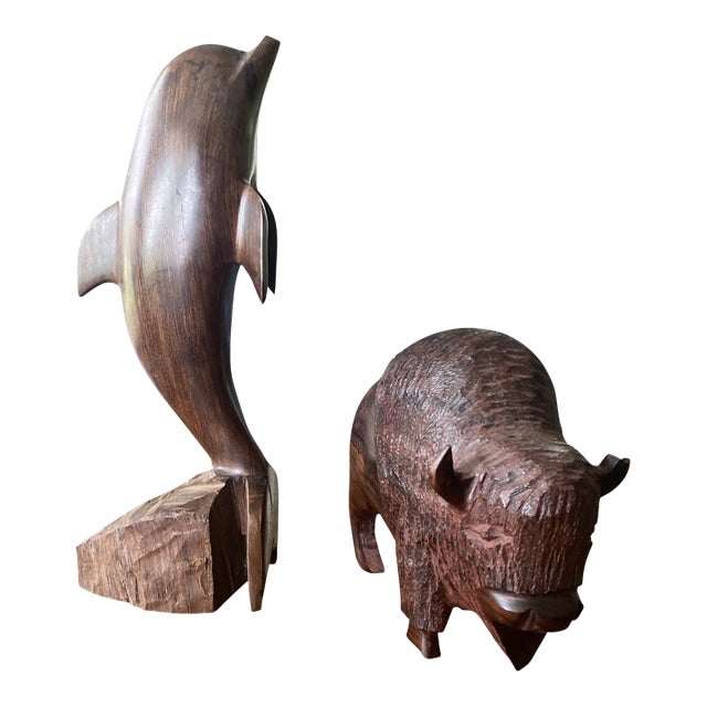1970s Wooden Dolphin and Buffalo Statues - Set of 2 For Sale