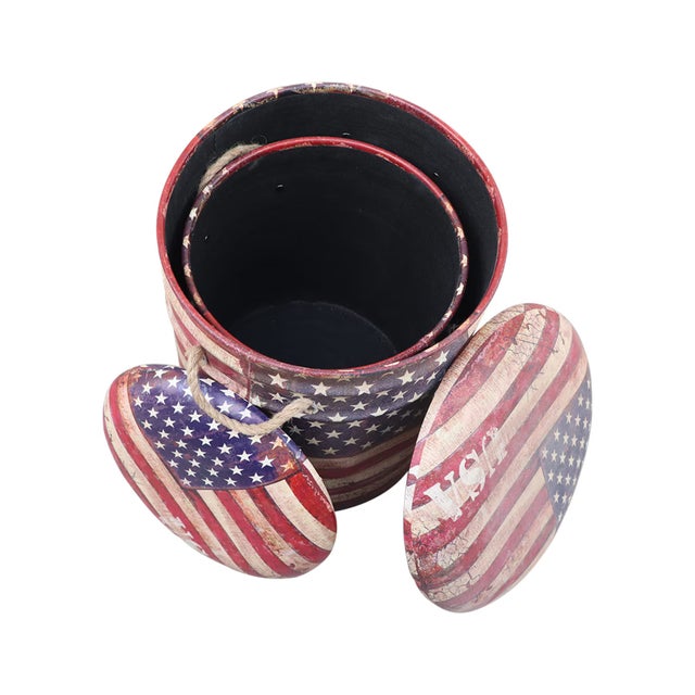 American 1980s American Flag Storage Bins Set of 2 | Rustic Patriotic Metal Baskets With Lids | Americana Home Decor for Man Cave |Distressed Usa Flag Gift For Sale - Image 3 of 4