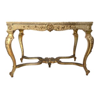 19c French Antique Gilded Louis XVCenter Table W/Faux Porphyry Stone Top For Sale