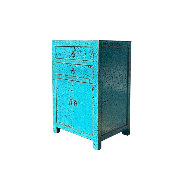 Abstract Distressed Crack Peeling Turquoise Blue 2 Drawers End Table Nightstand For Sale - Image 3 of 5