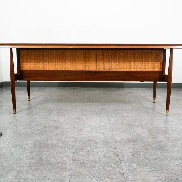 1960s Mid Century Modern Desk Office Executive Walnut Cane Back 4 Drawers File MCM 60s For Sale In Sacramento - Image 6 of 12