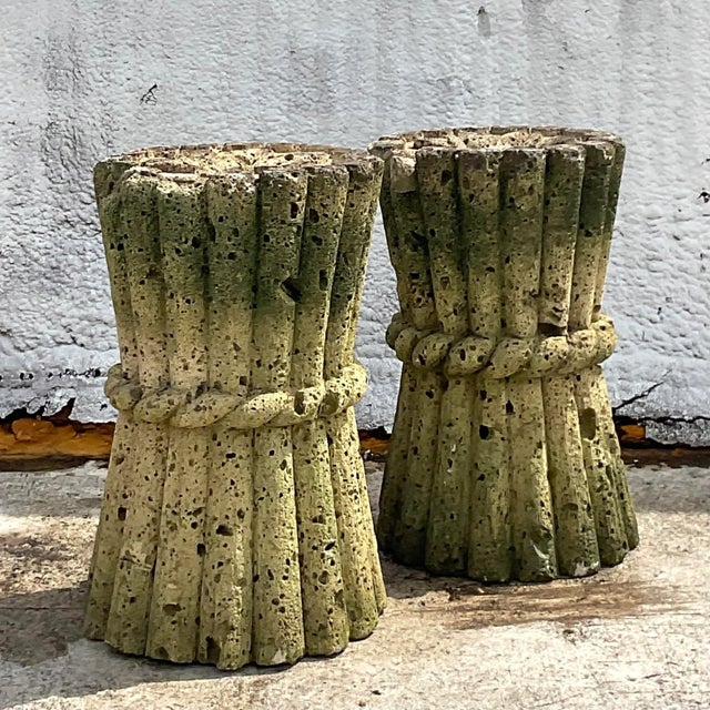 Mid 20th Century Vintage Boho Cut Coquina Stone Bamboo Table Pedestals - a Pair For Sale In West Palm - Image 6 of 9