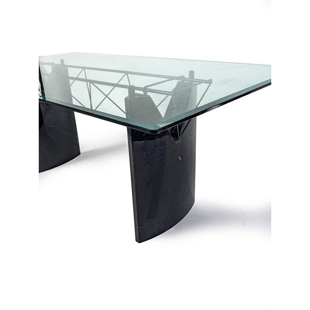 Mid 20th Century Modern Black Travertine Base Dining Table with Glass