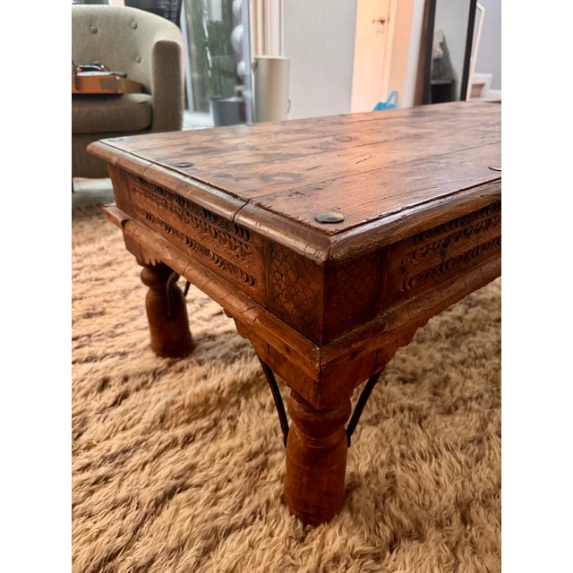Mid 20th Century Vintage Indian Sheesham Wood Coffee Table With Iron Nailhead Detail and Baluster Legs For Sale - Image 5 of 6