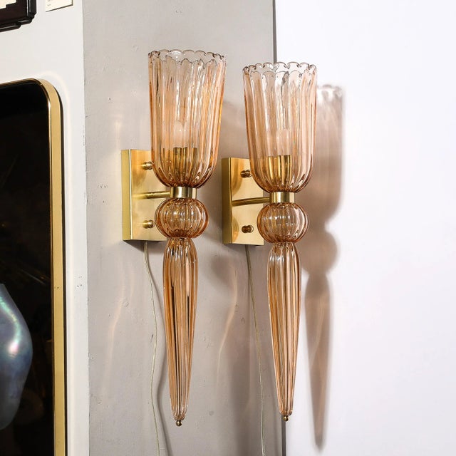 Modernist Rose Hand-Blown Murano Glass & Brass Sconces With Elongated Drop For Sale - Image 4 of 12