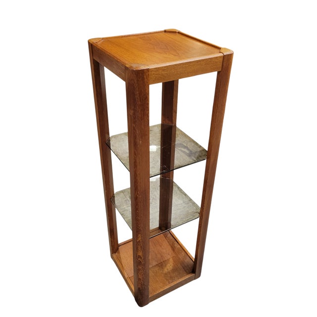 Danish Modern C1970s Teak Pillar Plant Stand Uldum Mobler Denmark With Smoke Gray Glass Shelving For Sale - Image 11 of 16
