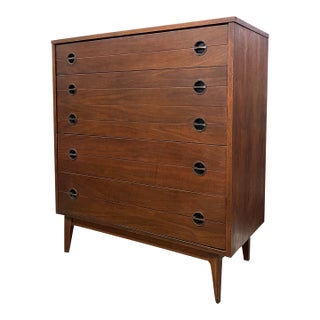Likely 1960s Mid-Century Modern Possibly Walnut Highboy Dresser With Recessed Brass Toned Pulls and Tapered Legs For Sale