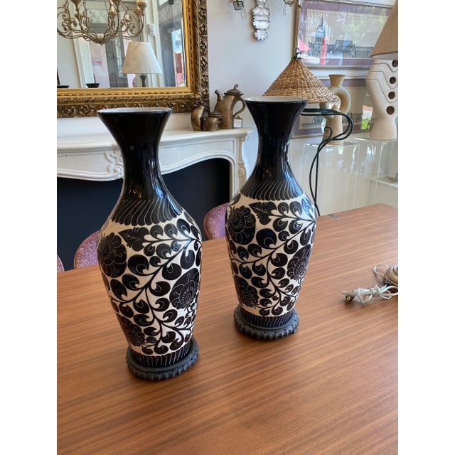 1970s Black and White Painted Ceramic Vases - a Pair For Sale - Image 9 of 11