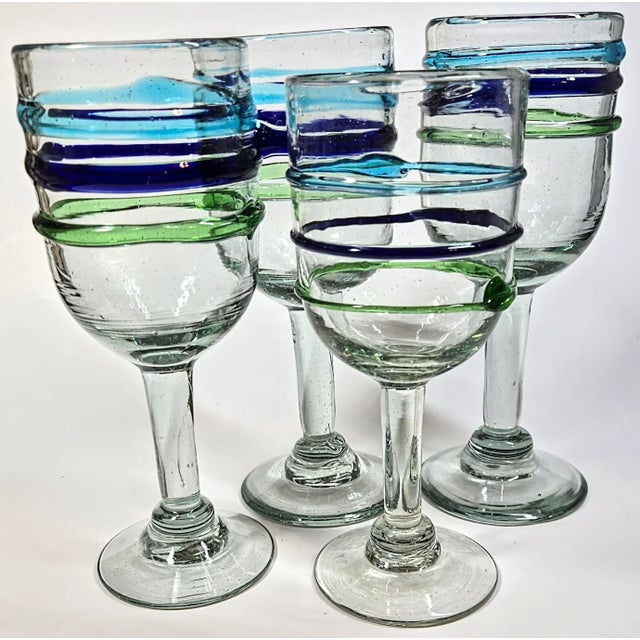 Handblown Coastal Goblets- Set of Four For Sale - Image 6 of 7