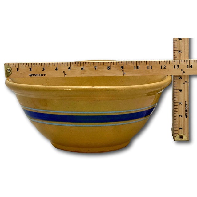 Antique Thick Yellow Ware 12 Inch Kitchen Mixing Bowl With Unusual 2 Color Blue Banded Decoration - Late 1800s. For Sale - Image 18 of 18