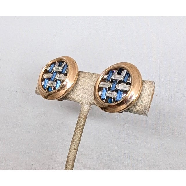 Trifari Vintage 1950s Signed Crown Trifari Round Faux-Sapphire & Clear Baguettes Clip Earrings-2 Pieces For Sale - Image 4 of 9