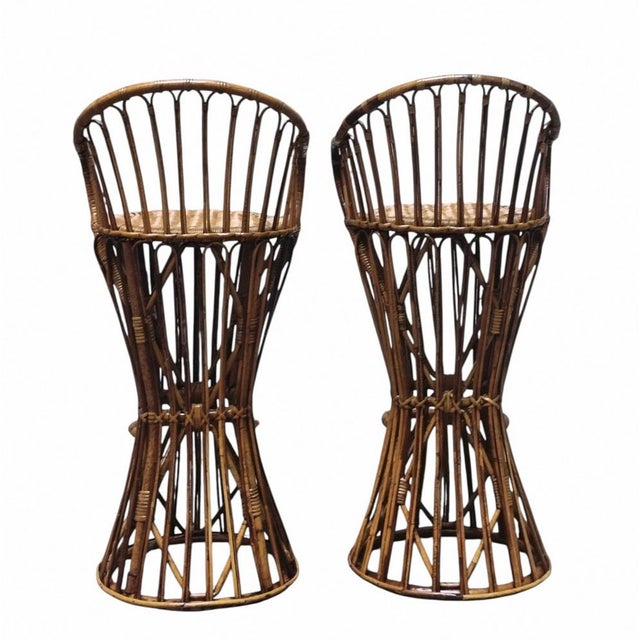 Hourglass-Shaped Woven Wicker Stools in the style of Tito Agnoli, Italy, 1960s, Set of 2 For Sale - Image 9 of 11