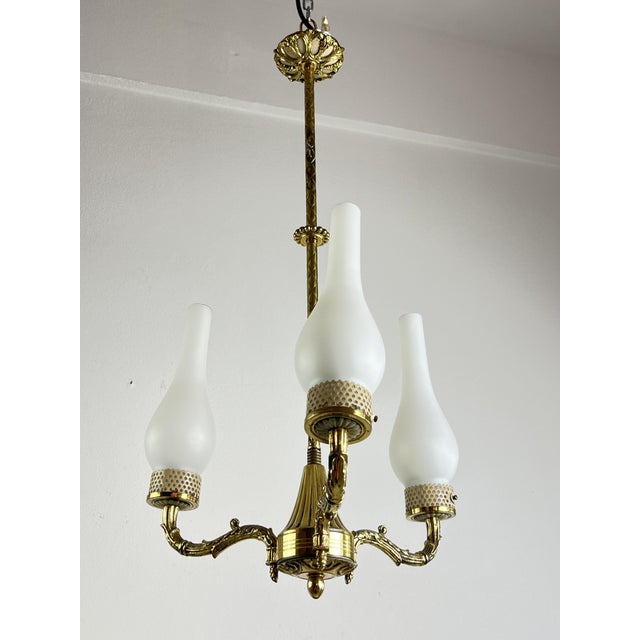 Mid-Century 3-Light Chandelier in Brass and Opaline Glass in the style of Stilnovo, 1950s For Sale - Image 12 of 12