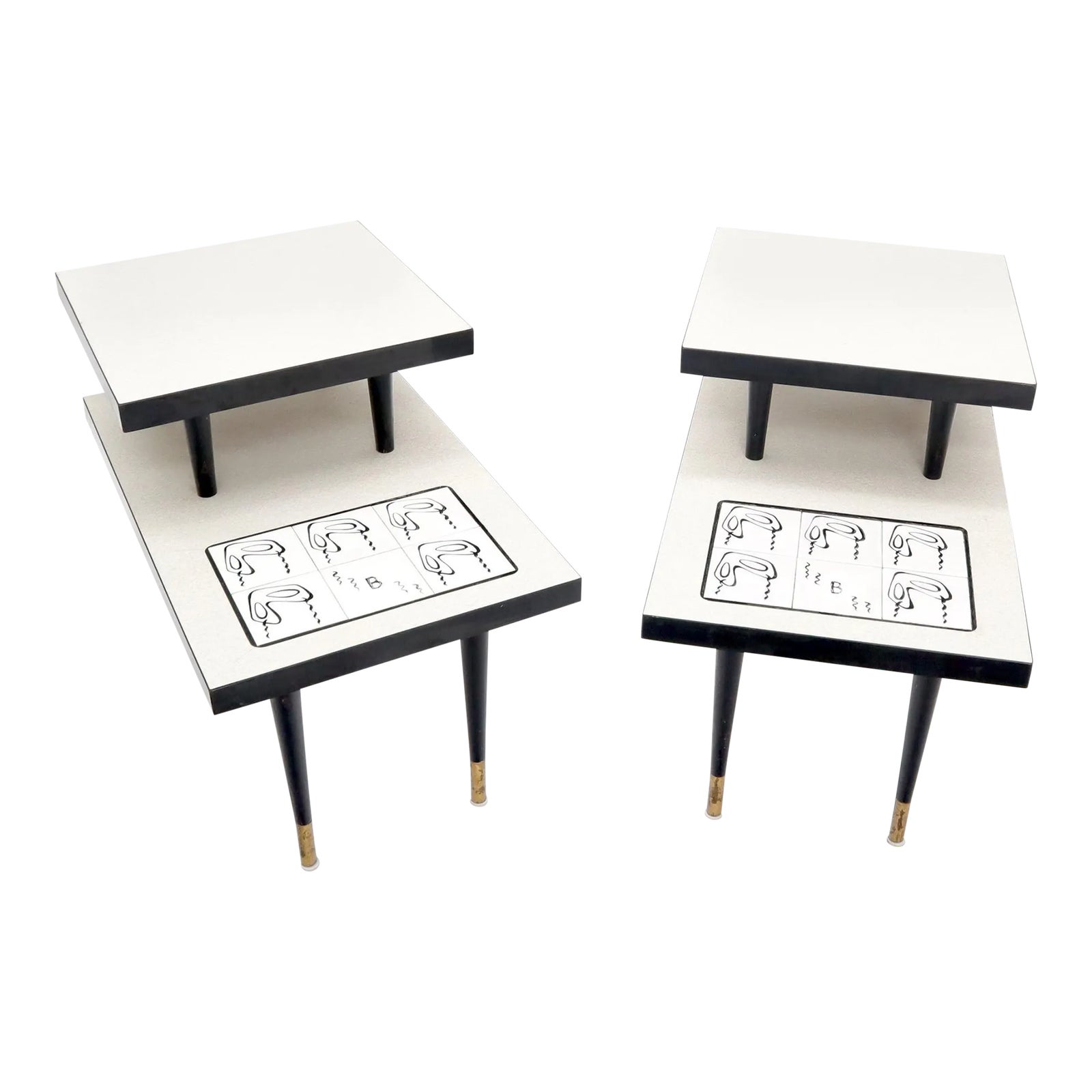 Pair of Tile Top Step End Side Table on Tapered Dowel Shape Leg | Chairish