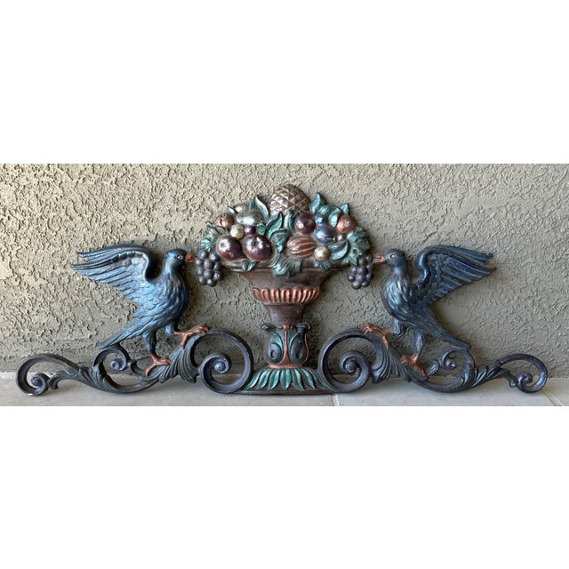 Metal Circa Late 19th-Century Cast Iron Victorian-Style Pediment With Fruit Urn & Swooping Ravens For Sale - Image 7 of 18