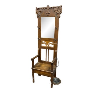 Victorian Oak Mirrored Hall Tree With Coat Hooks and Side Umbrella Holder With Drip Basin For Sale