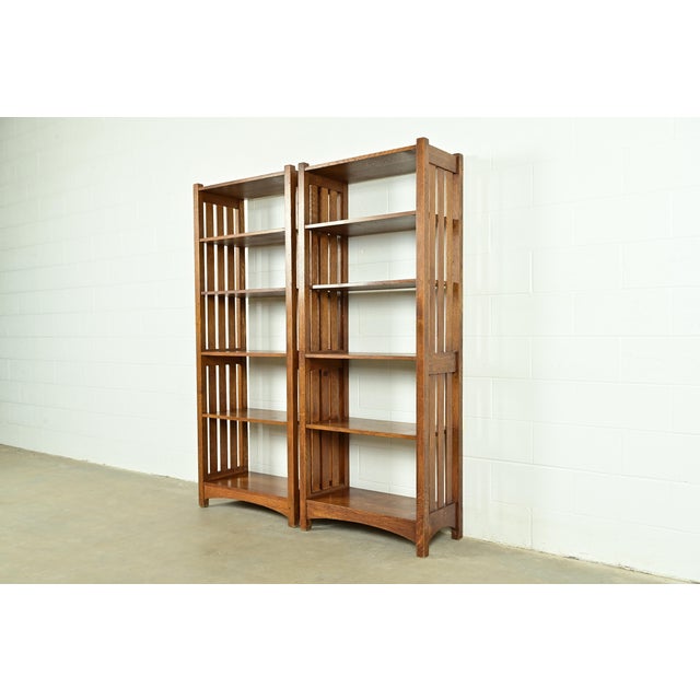 Mission Stickley Mission Oak Arts & Crafts Slatted Tall Bookcases, Pair For Sale - Image 3 of 12