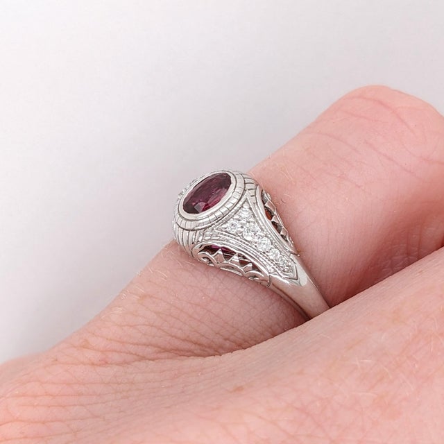 Red Vintage Inspired Ruby Ring w Earth Mined Diamonds in Solid 14K White Gold OV 5x4 For Sale - Image 8 of 10