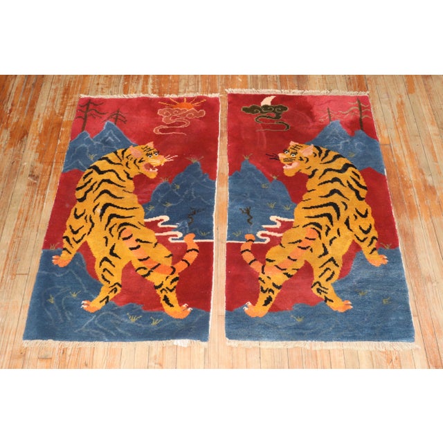 Folk Art Vintage Zabihi Collection Tiger Tibetan Rugs - A Pair - 2'8" x 4'9" For Sale - Image 3 of 9