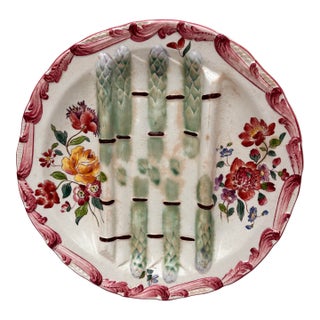 19th Century Longchamp Majolica Asparagus Plate With Flowers For Sale