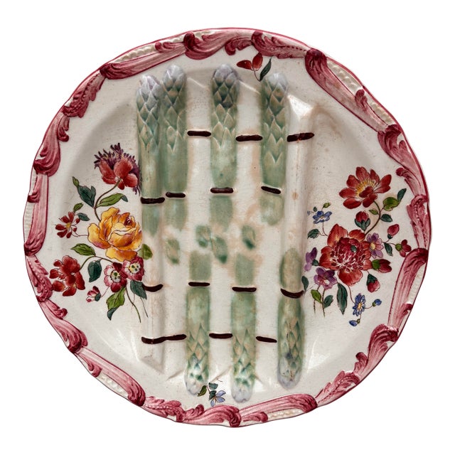 19th Century Longchamp Majolica Asparagus Plate With Flowers For Sale
