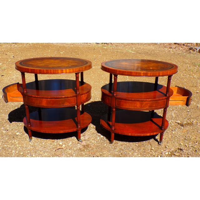 Vintage Pair Weiman Heirloom Mahogany Leather Top Oval Lamp Tables For Sale - Image 11 of 18