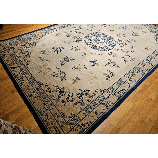 Textile Antique Chinese Peking Oversize Rug, Wool on Cotton, All-Over Floral Design, Ivory & Blue, 12' X 18' For Sale - Image 7 of 18