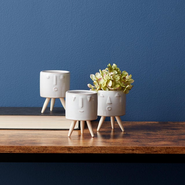 Modern Porcelain Face Planter with Wooden Legs (Set of 3) For Sale - Image 3 of 6