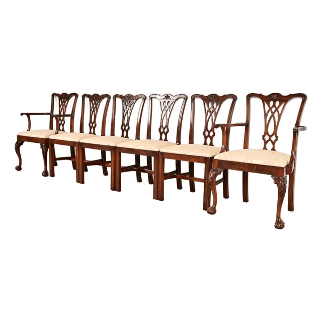 Baker Furniture Style Chippendale Carved Mahogany Dining Chairs, Set of Six For Sale