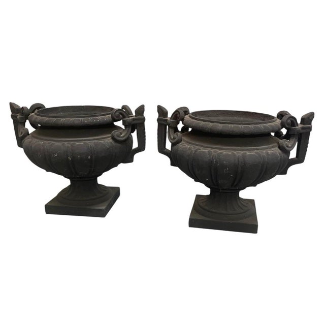 Industrial Pair of Vintage Neo-Classical Cast Iron Style Garden Urns – Matte Black For Sale - Image 3 of 12